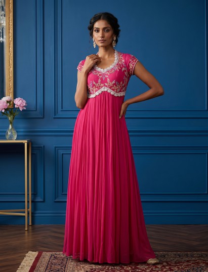 Fuchsia pink georgette festive Anarkali suit