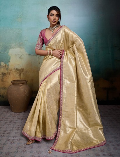 Majestic light yellow festive drape saree