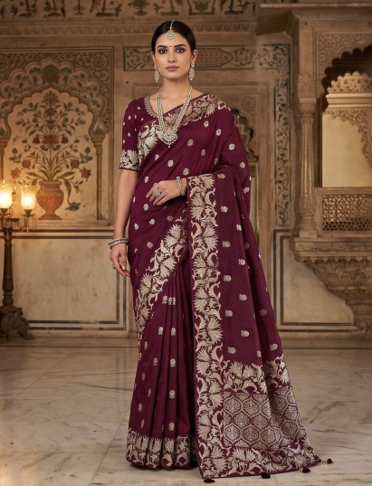 Maroon banarasi silk saree with all over zari