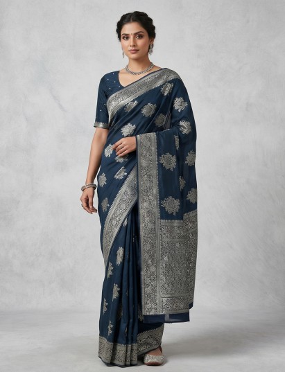 Navy banarasi silk saree adorned with intricate zari work