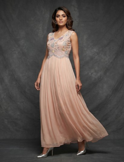 Peach chiffon embroidered festive Anarkali suit