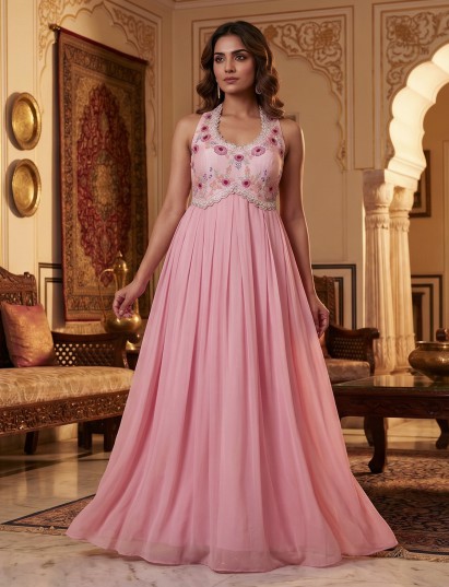 Baby pink chiffon festive Anarkali suit