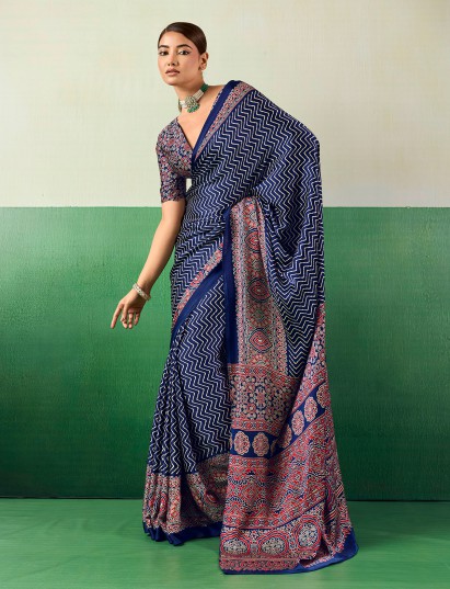Royal blue ajrakh festive saree