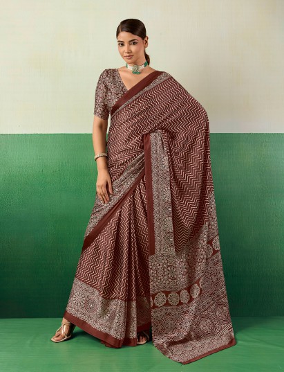 Grand brown ajrakh satin saree