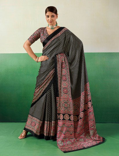 Classic black printed satin saree