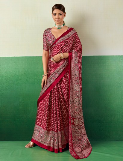 Imperial maroon ajrakh drape saree