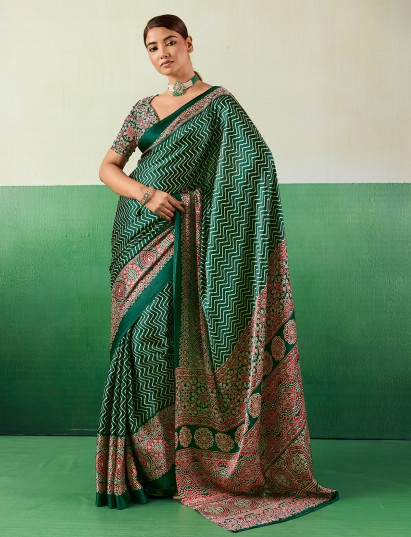 Lavish green ajrakh satin saree