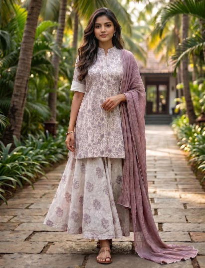 Off white and wine cotton palazzo suit