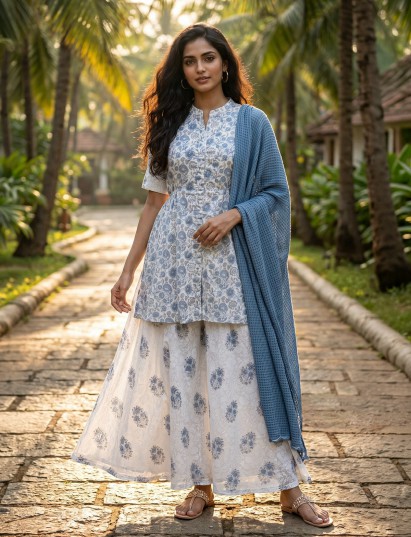 White and sapphire blue cotton palazzo suit