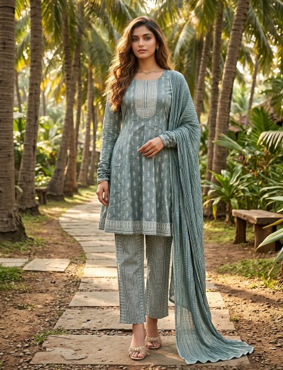 Sage green cotton straight frock salwar suit