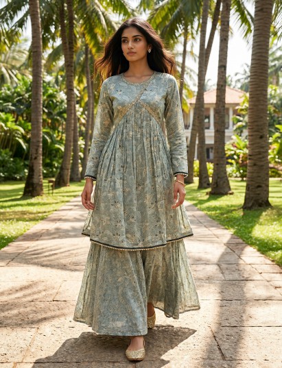 Sea green floral printed festive sharara suit