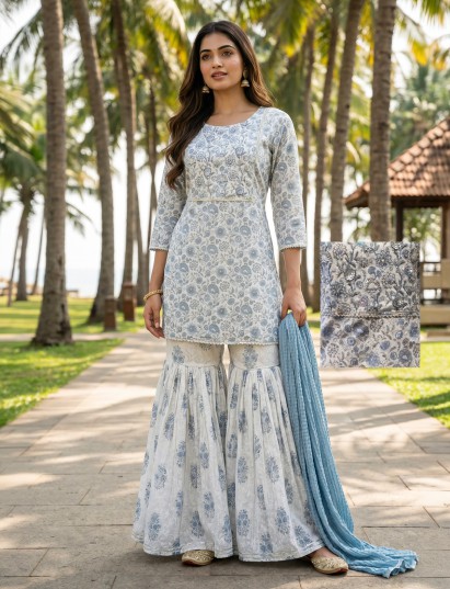 White and blue cotton silk festive sharara suit