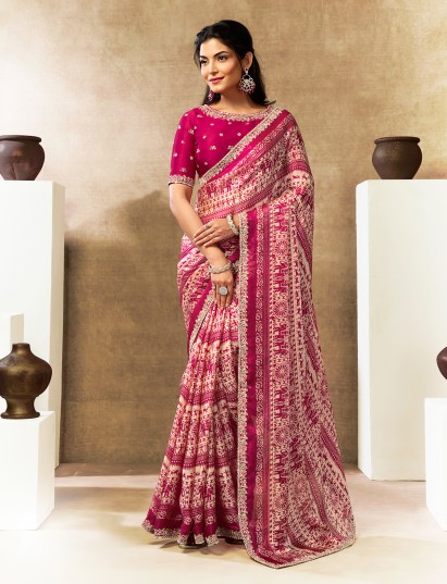 Imperial pink warli digital silk saree