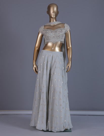 Off white tissue georgette palazzo suit with tassels