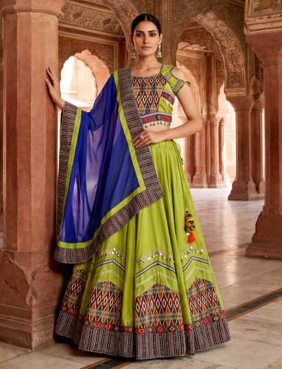 Lime green Navratri lehenga choli with festive elegance