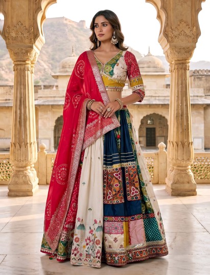 Multicolor mirror work lehenga choli with radiant festive appeal