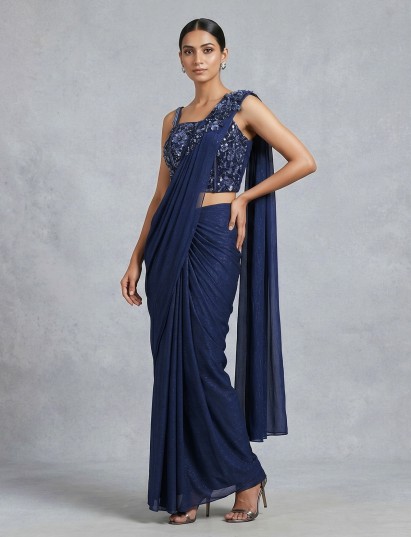 Navy blue chiffon ready to wear saree for party