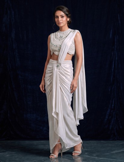 Pearl ivory satin silk ready to wear saree with luxurious sheen