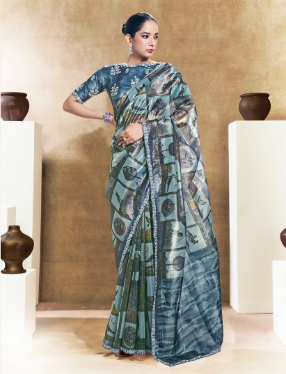 Elegant blue digital printed paper saree