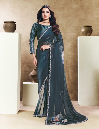 Royal teal blue abstract silk saree