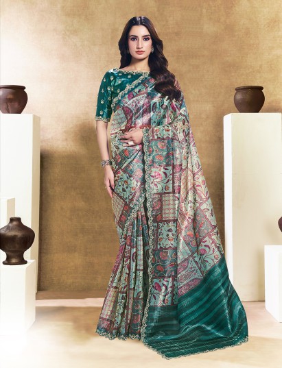 Majestic blue abstract paper silk saree