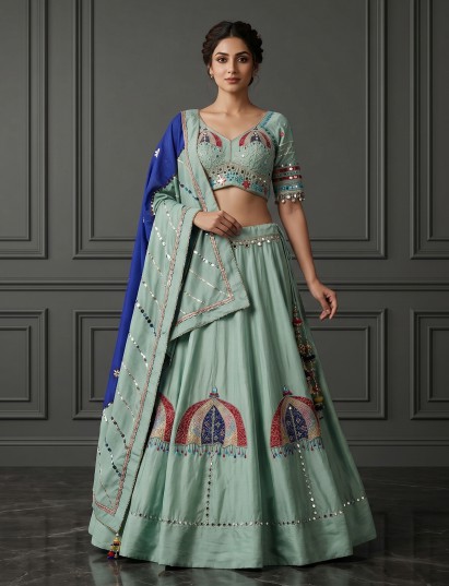 Mint green royal blue garba lehenga choli