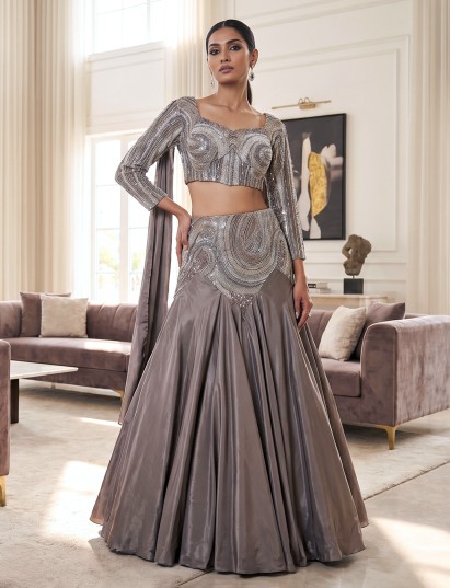 Taupe brown satin indo western lehenga choli
