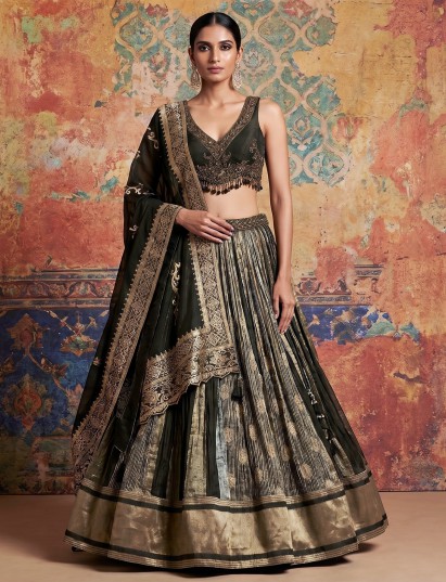 Olive and charcoal green royal silk lehenga choli with majestic elegance