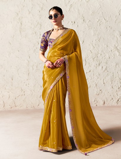 Elegant mustard yellow festive drape saree