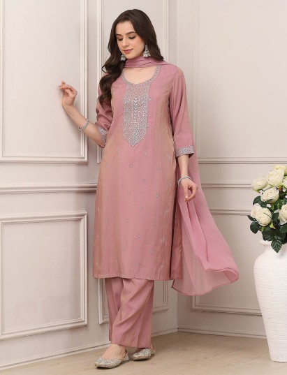 Pink radiant embroidery festive kurti ensemble