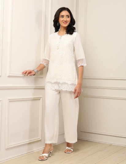 White schiffli embroidered contemporary fashion favorite