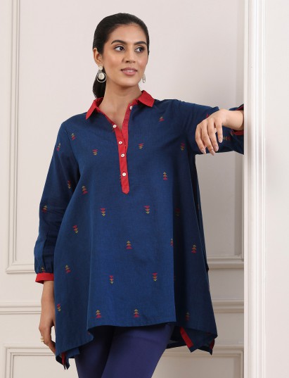 Navy blue floral fusion tunic with flair