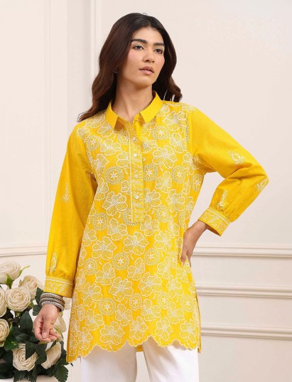 Yellow sunshine embroidered shirt style kurti