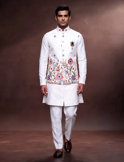 White botanical mens waistcoat set