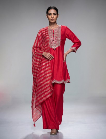Red silk palazzo salwar suit with gota zardosi and thread embellishments