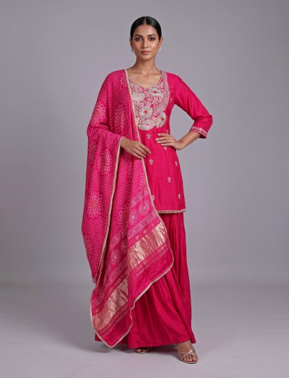 Rani pink silk yoke style palazzo suit with dupatta