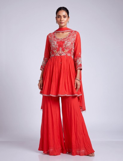 Rust red chiffon silk palazzo suit with pearl embellishments