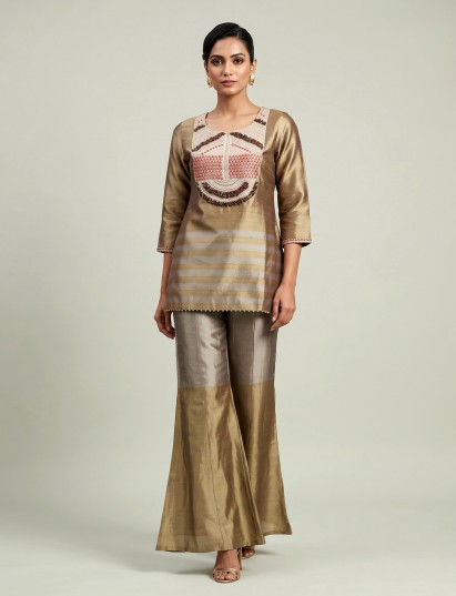 Gold silk yoke style palazzo suit with zardosi and pearls