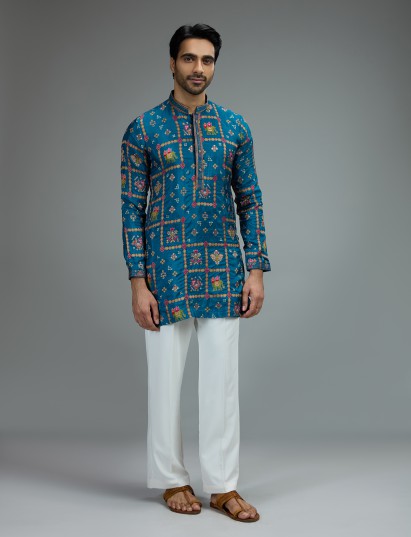 Blue heritage mens kurta pajama with resham motifs