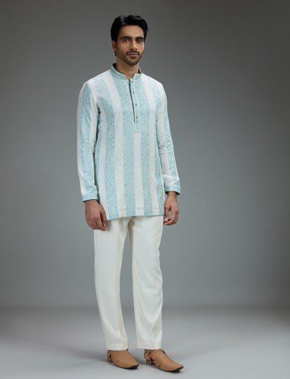 White and green charming mens kurta pajama with threadwork