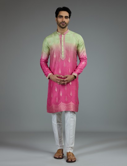 Pink green shaded zari kurta pajama for men