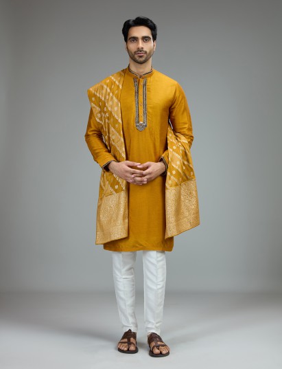 Mustard yellow cutdana kurta pajama for men