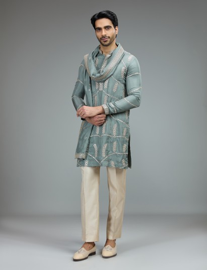 Sage green aabla zari kurta suit for men