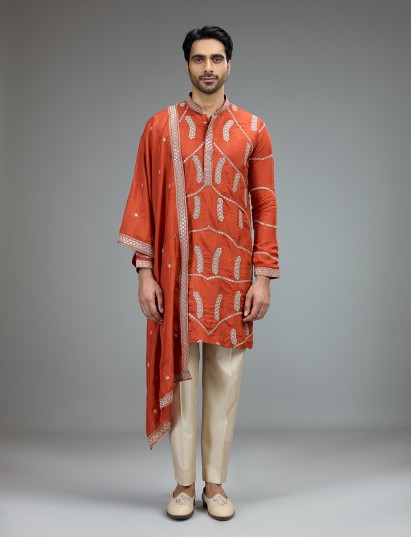 Rust orange aabla zari kurta pajama for men