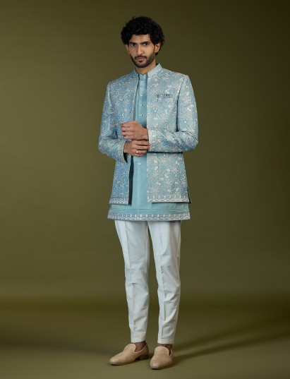 Firozi blue luxury art silk men indo western