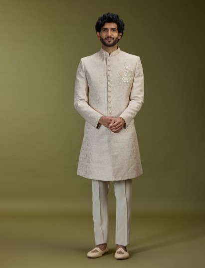 Cream opulent jacquard silk men indo western