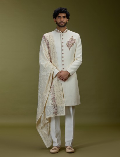Off white elegant cotton silk men indo western with dupatta
