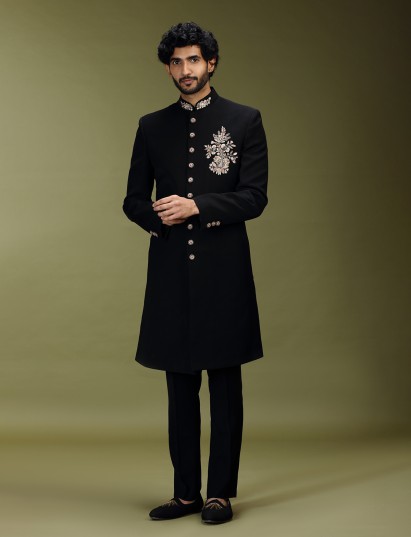 Black exquisite polyester viscose men indo western