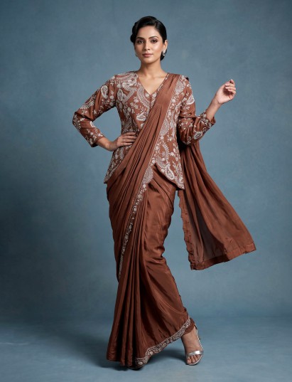 Light brown satin silk designer ready-to-wear saree with ornate work