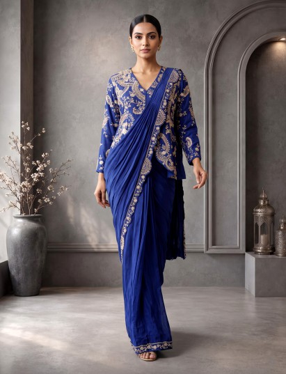 Blue satin silk designer ready-to-wear saree with intricate festive detailing